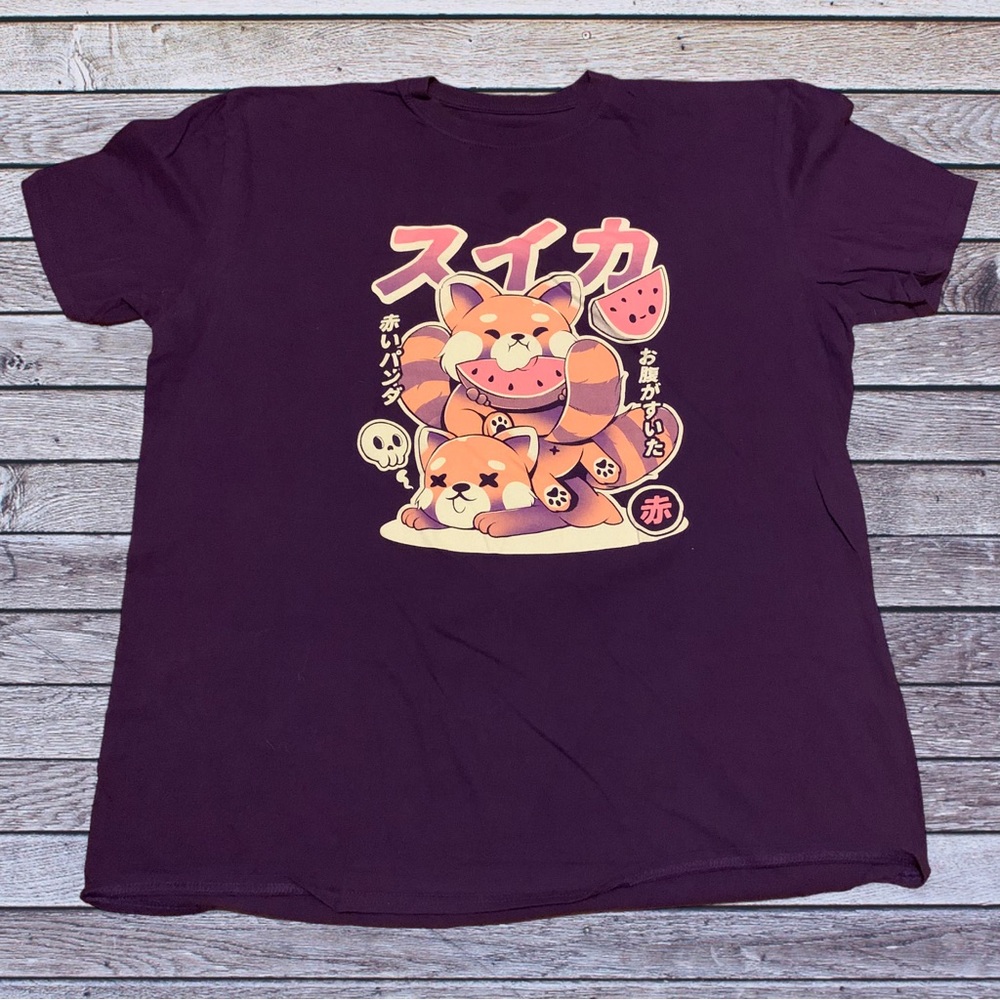 Threadless Cute Anime Red Panda Shirt Eating Watermelon Kawaii Purple Pink